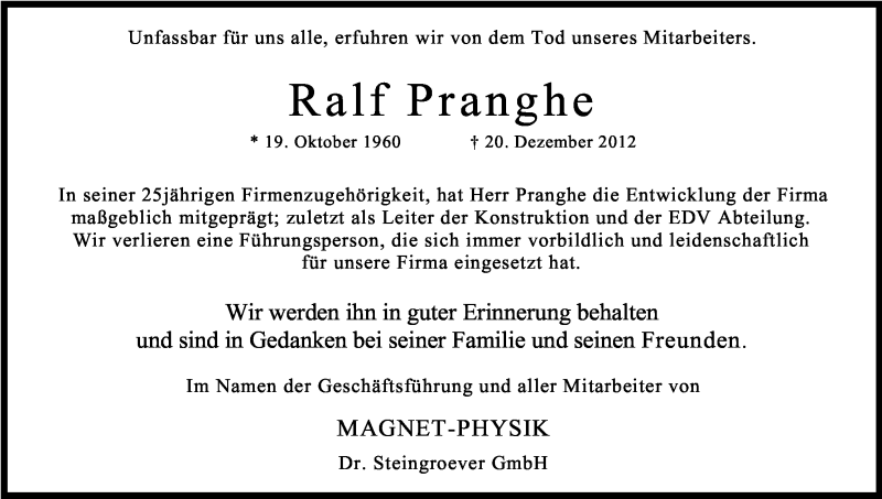  Traueranzeige für Ralf Pranghe vom 09.01.2013 aus Kölner Stadt-Anzeiger / Kölnische Rundschau / Express