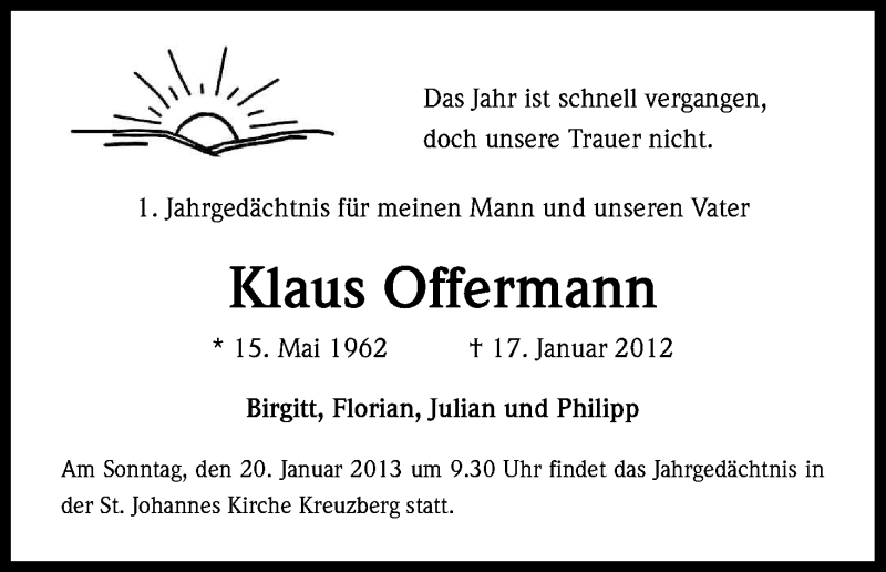 Traueranzeige für Klaus Offermann vom 18.01.2013 aus Kölner Stadt-Anzeiger / Kölnische Rundschau / Express