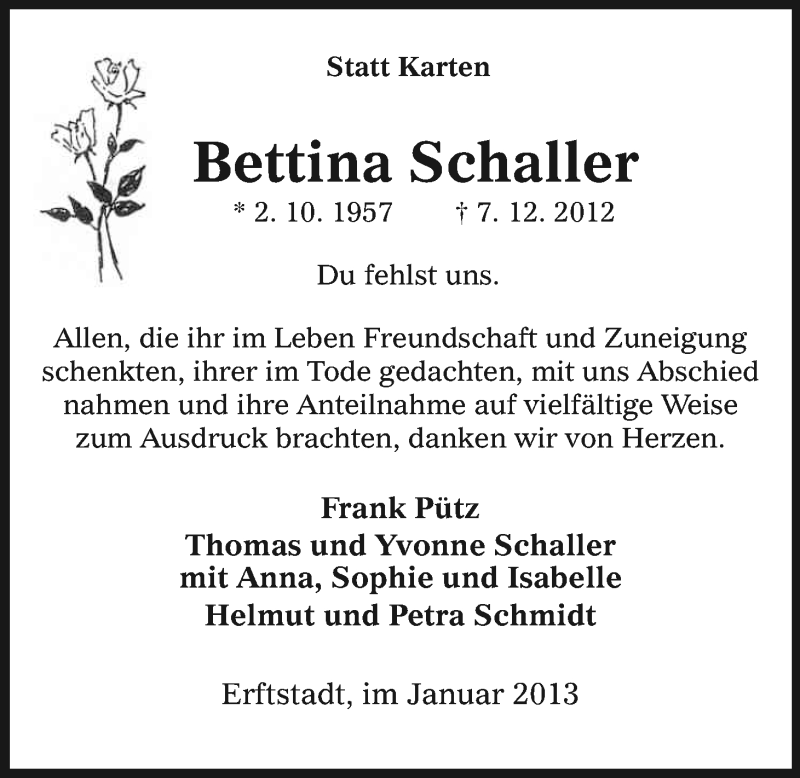  Traueranzeige für Bettina Schaller vom 09.01.2013 aus Kölner Stadt-Anzeiger / Kölnische Rundschau / Express