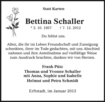 Anzeige von Bettina Schaller von Kölner Stadt-Anzeiger / Kölnische Rundschau / Express