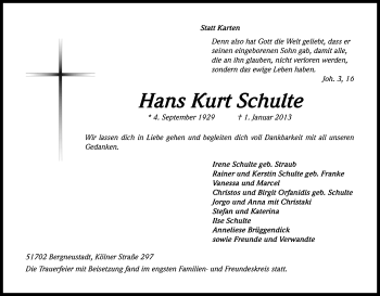 Anzeige von Hans Kurt Schulte von Kölner Stadt-Anzeiger / Kölnische Rundschau / Express