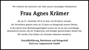 Anzeige von Agnes Krämer von Kölner Stadt-Anzeiger / Kölnische Rundschau / Express