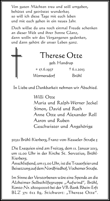 Anzeige von Therese Otte von Kölner Stadt-Anzeiger / Kölnische Rundschau / Express