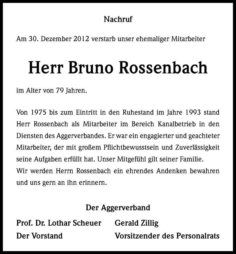  Traueranzeige für Bruno Rossenbach vom 08.01.2013 aus Kölner Stadt-Anzeiger / Kölnische Rundschau / Express