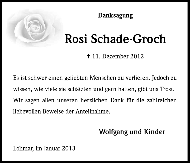  Traueranzeige für Rosi Schade-Groch vom 12.01.2013 aus Kölner Stadt-Anzeiger / Kölnische Rundschau / Express