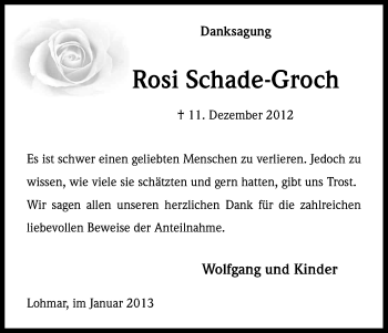 Anzeige von Rosi Schade-Groch von Kölner Stadt-Anzeiger / Kölnische Rundschau / Express