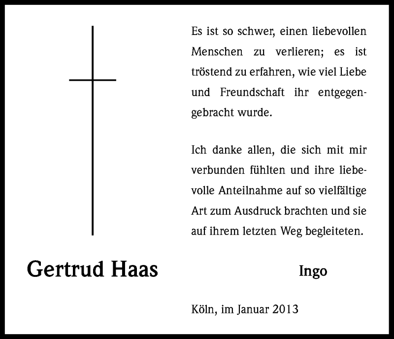  Traueranzeige für Gertrud Haas vom 19.01.2013 aus Kölner Stadt-Anzeiger / Kölnische Rundschau / Express