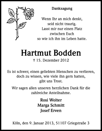Anzeige von Hartmut Bodden von Kölner Stadt-Anzeiger / Kölnische Rundschau / Express