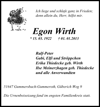Anzeige von Egon Wirth von Kölner Stadt-Anzeiger / Kölnische Rundschau / Express