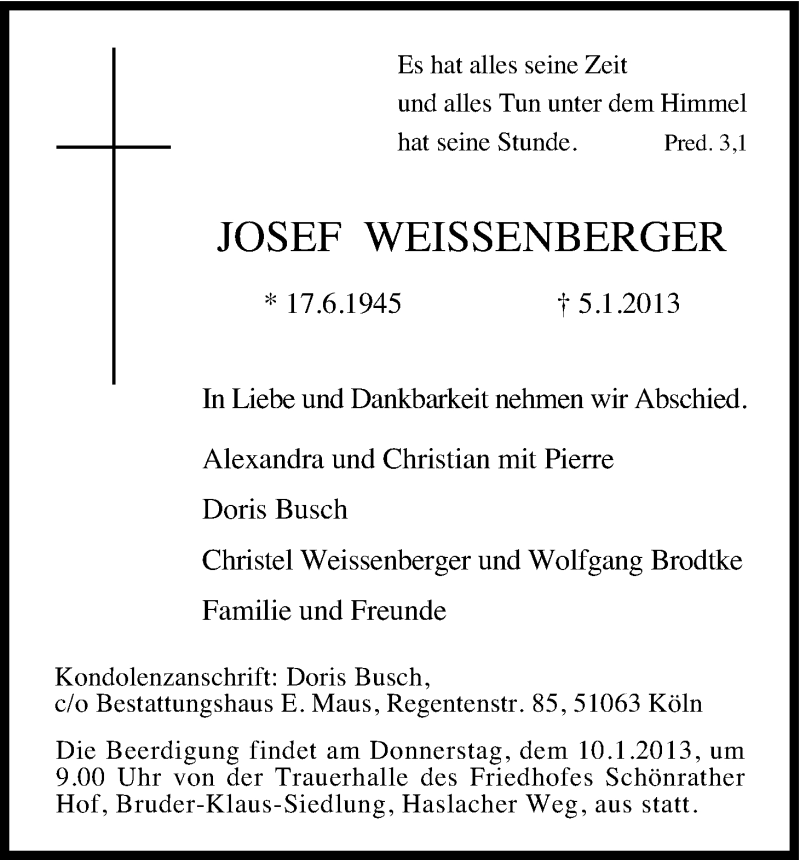  Traueranzeige für Josef Weissenberger vom 09.01.2013 aus Kölner Stadt-Anzeiger / Kölnische Rundschau / Express