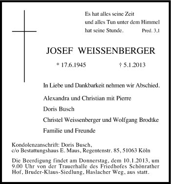 Anzeige von Josef Weissenberger von Kölner Stadt-Anzeiger / Kölnische Rundschau / Express