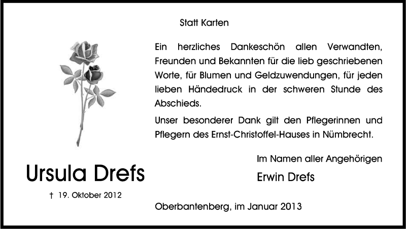  Traueranzeige für Ursula Drefs vom 09.01.2013 aus Kölner Stadt-Anzeiger / Kölnische Rundschau / Express