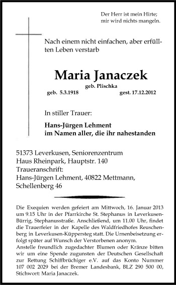 Anzeige von Maria Janaczek von Kölner Stadt-Anzeiger / Kölnische Rundschau / Express