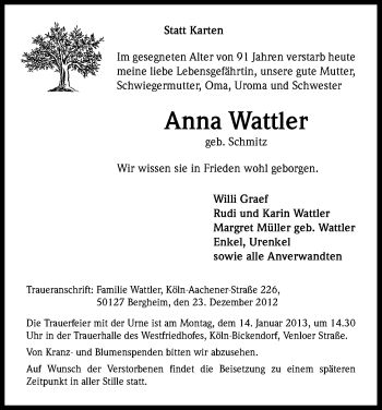 Anzeige von Anna Wattler von Kölner Stadt-Anzeiger / Kölnische Rundschau / Express