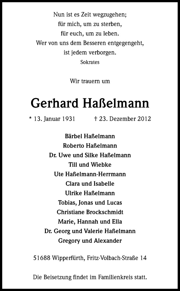  Traueranzeige für Gerhard Haßelmann vom 08.01.2013 aus Kölner Stadt-Anzeiger / Kölnische Rundschau / Express