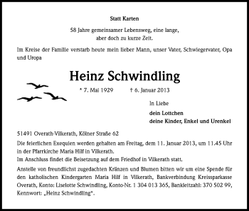 Anzeige von Heinz Schwindling von Kölner Stadt-Anzeiger / Kölnische Rundschau / Express