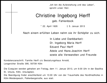 Anzeige von Christine Ingeborg Herff von Kölner Stadt-Anzeiger / Kölnische Rundschau / Express