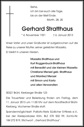 Anzeige von Gerhard Stratthaus von Kölner Stadt-Anzeiger / Kölnische Rundschau / Express