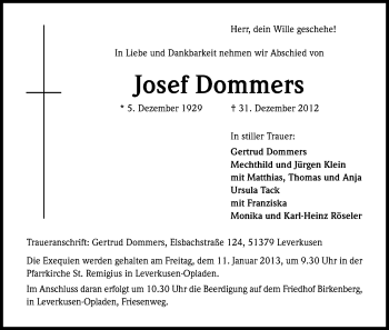 Anzeige von Josef Dommers von Kölner Stadt-Anzeiger / Kölnische Rundschau / Express