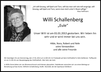 Anzeige von Willi Schallenberg von Kölner Stadt-Anzeiger / Kölnische Rundschau / Express