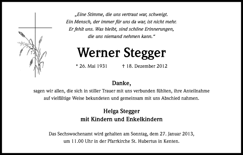  Traueranzeige für Werner Stegger vom 19.01.2013 aus Kölner Stadt-Anzeiger / Kölnische Rundschau / Express