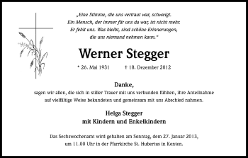 Anzeige von Werner Stegger von Kölner Stadt-Anzeiger / Kölnische Rundschau / Express