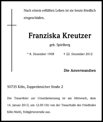 Anzeige von Franziska Kreutzer von Kölner Stadt-Anzeiger / Kölnische Rundschau / Express