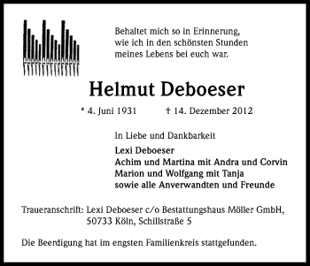 Anzeige von Helmut Deboeser von Kölner Stadt-Anzeiger / Kölnische Rundschau / Express