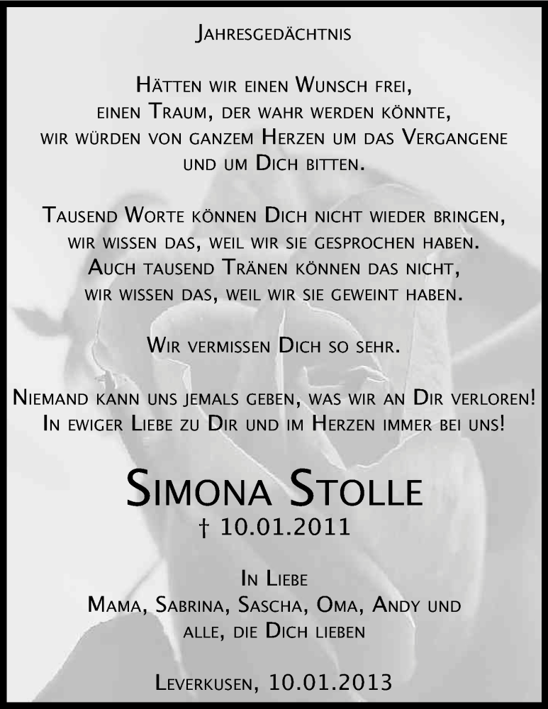  Traueranzeige für Simona Stolle vom 10.01.2013 aus Kölner Stadt-Anzeiger / Kölnische Rundschau / Express