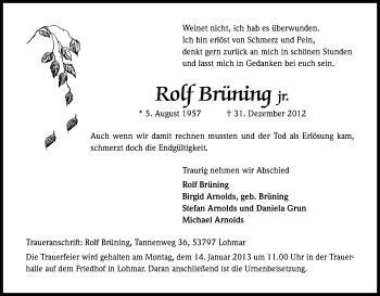 Anzeige von Rolf Brüning von Kölner Stadt-Anzeiger / Kölnische Rundschau / Express