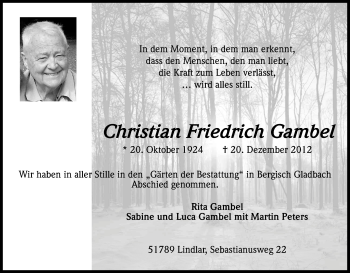 Anzeige von Christian Gambel von Kölner Stadt-Anzeiger / Kölnische Rundschau / Express