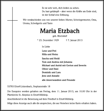 Anzeige von Maria Etzbach von Kölner Stadt-Anzeiger / Kölnische Rundschau / Express