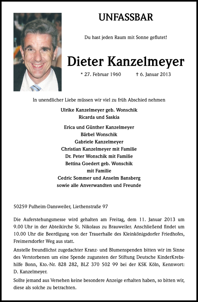  Traueranzeige für Dieter Kanzelmeyer vom 09.01.2013 aus Kölner Stadt-Anzeiger / Kölnische Rundschau / Express