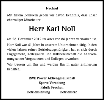 Anzeige von Karl Noll von Kölner Stadt-Anzeiger / Kölnische Rundschau / Express
