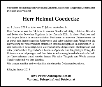 Anzeige von Helmut Goedecke von Kölner Stadt-Anzeiger / Kölnische Rundschau / Express
