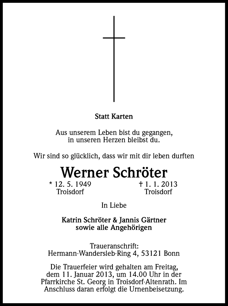  Traueranzeige für Werner Schröter vom 09.01.2013 aus Kölner Stadt-Anzeiger / Kölnische Rundschau / Express