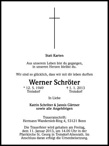 Anzeige von Werner Schröter von Kölner Stadt-Anzeiger / Kölnische Rundschau / Express