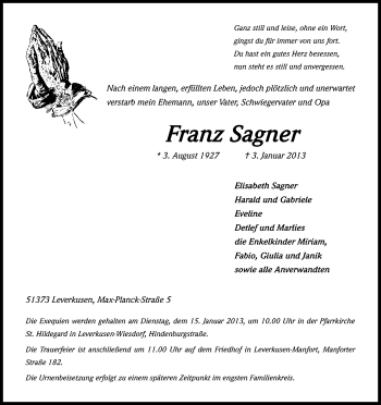 Anzeige von Franz Sagner von Kölner Stadt-Anzeiger / Kölnische Rundschau / Express