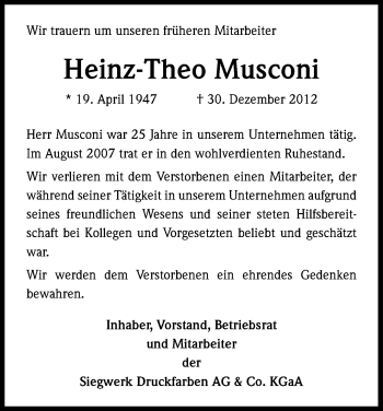 Anzeige von Heinz-Theo Musconi von Kölner Stadt-Anzeiger / Kölnische Rundschau / Express