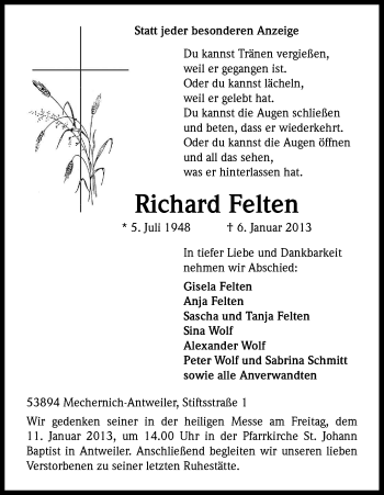 Anzeige von Richard Felten von Kölner Stadt-Anzeiger / Kölnische Rundschau / Express