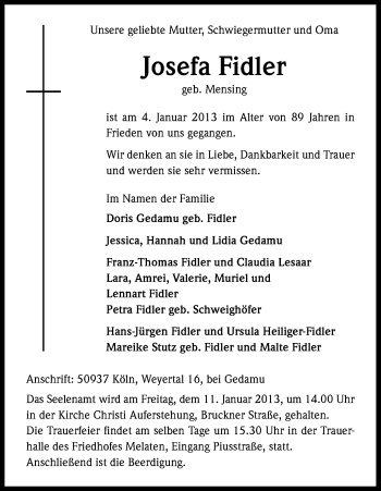 Anzeige von Josefa Fidler von Kölner Stadt-Anzeiger / Kölnische Rundschau / Express