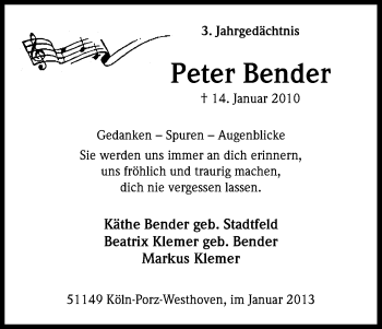 Anzeige von Peter Bender von Kölner Stadt-Anzeiger / Kölnische Rundschau / Express
