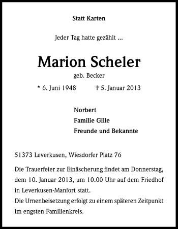 Anzeige von Marion Scheler von Kölner Stadt-Anzeiger / Kölnische Rundschau / Express