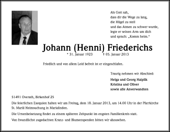 Anzeige von Johann Friederichs von Kölner Stadt-Anzeiger / Kölnische Rundschau / Express