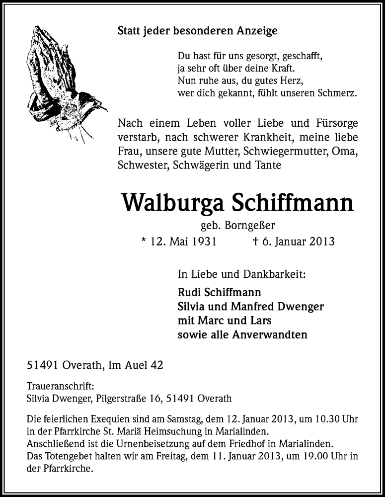  Traueranzeige für Walburga Schiffmann vom 10.01.2013 aus Kölner Stadt-Anzeiger / Kölnische Rundschau / Express