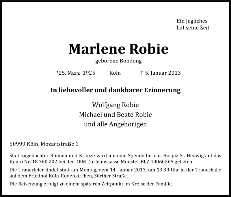  Traueranzeige für Marlene Robie vom 09.01.2013 aus Kölner Stadt-Anzeiger / Kölnische Rundschau / Express