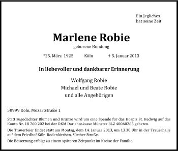 Anzeige von Marlene Robie von Kölner Stadt-Anzeiger / Kölnische Rundschau / Express