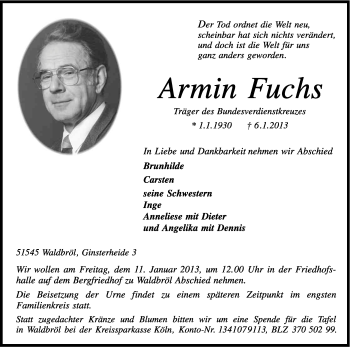 Anzeige von Armin Fuchs von Kölner Stadt-Anzeiger / Kölnische Rundschau / Express