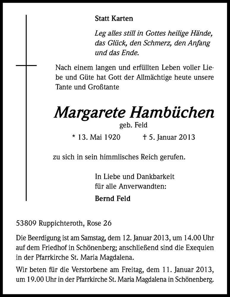  Traueranzeige für Margarete Hambüchen vom 09.01.2013 aus Kölner Stadt-Anzeiger / Kölnische Rundschau / Express