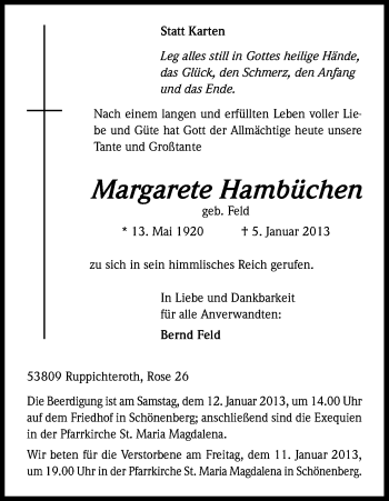 Anzeige von Margarete Hambüchen von Kölner Stadt-Anzeiger / Kölnische Rundschau / Express
